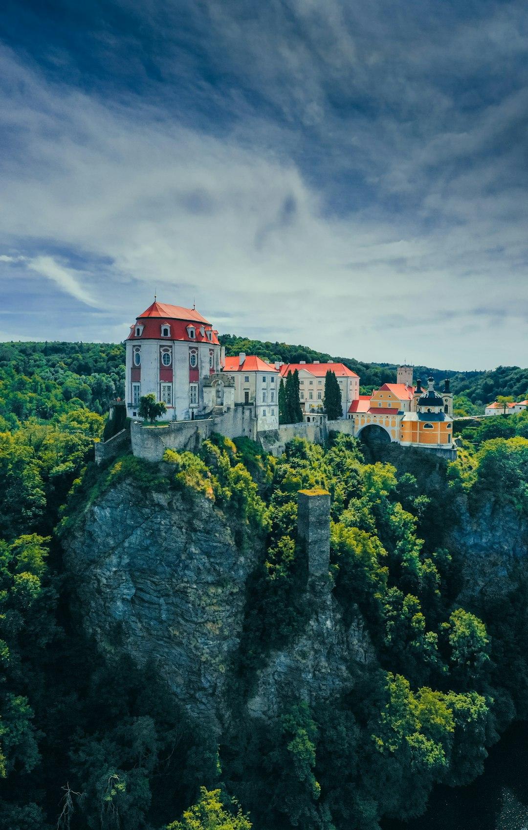Historyczny zamek Vranov nad Dyjí na urwisku pośród zielonych drzew.