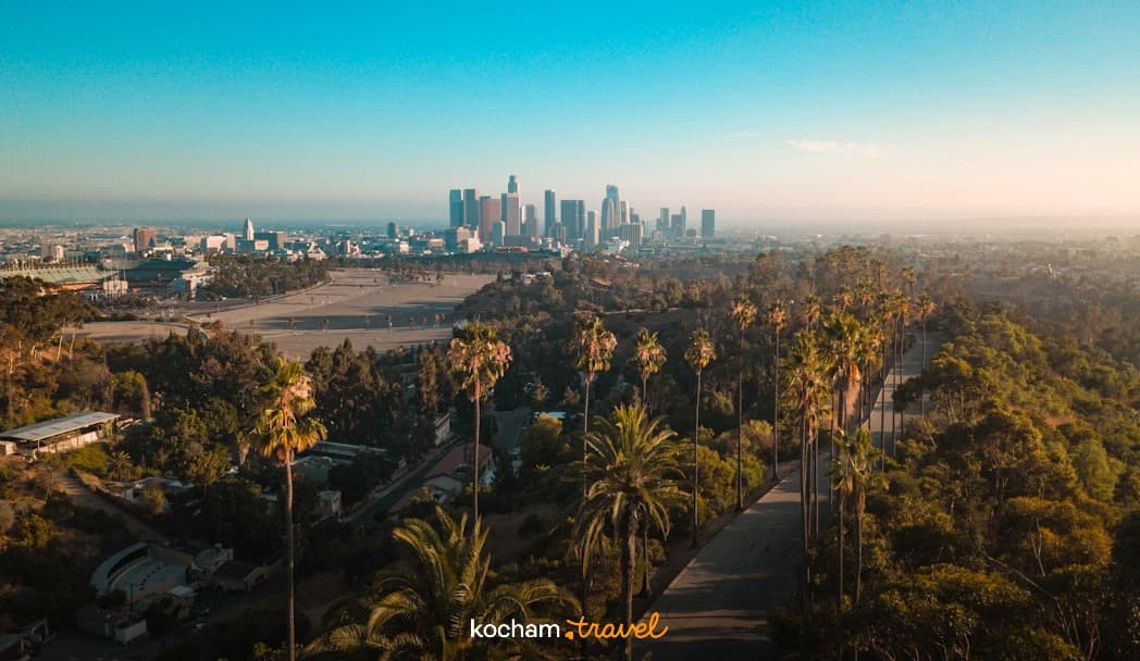 Panorama Los Angeles o zachodzie słońca z palmami i drogą.