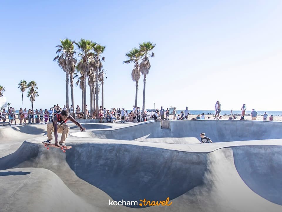 Deskorolkarz na słonecznym skateparku Venice Beach, z palmami i plażą.