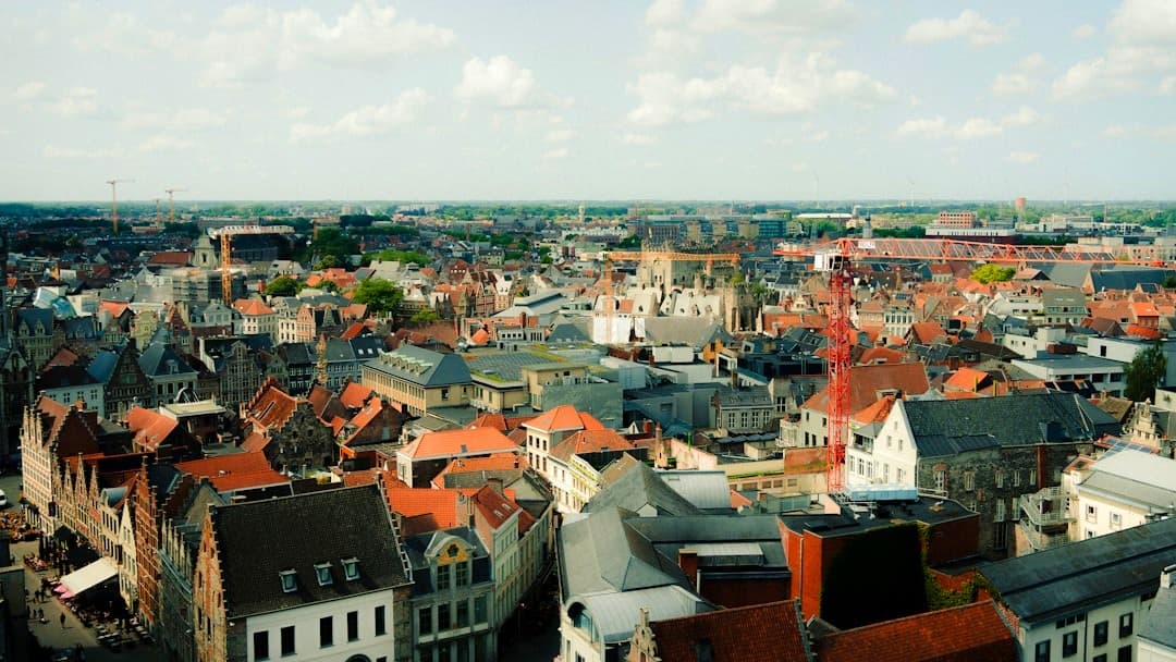 Panorama europejskiego miasta, gęsta zabudowa, czerwone dachy, jasny dzień.