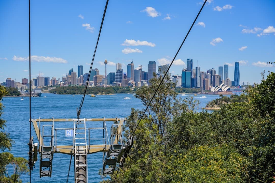 Panoramiczny widok na Sydney, Operę, port, kolejka linowa.