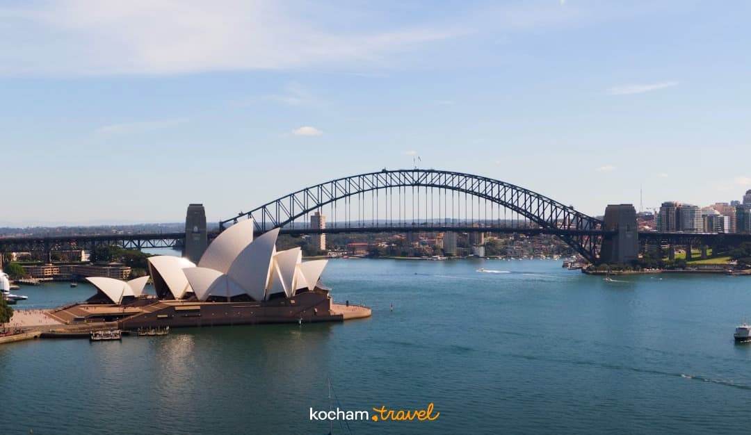 Panorama Sydney Opera House i Harbour Bridge nad wodą.