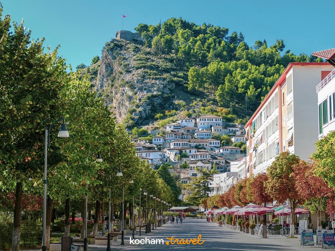 Berat, Albania: historyczne białe domy, forteca, bulwar w słoneczny dzień.