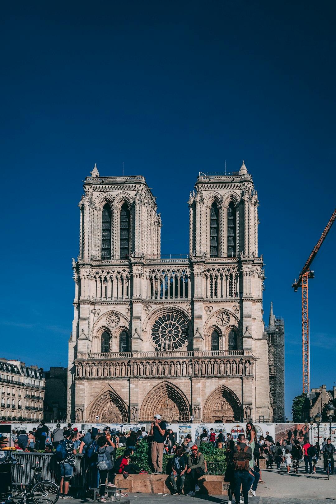 Katedra Notre Dame w Paryżu, renowacja, tłum ludzi, błękitne niebo.