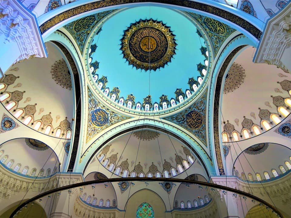 Wnętrze meczetu, bogato zdobiona kopuła, kaligrafia, islamska architektura, błękit i złoto.