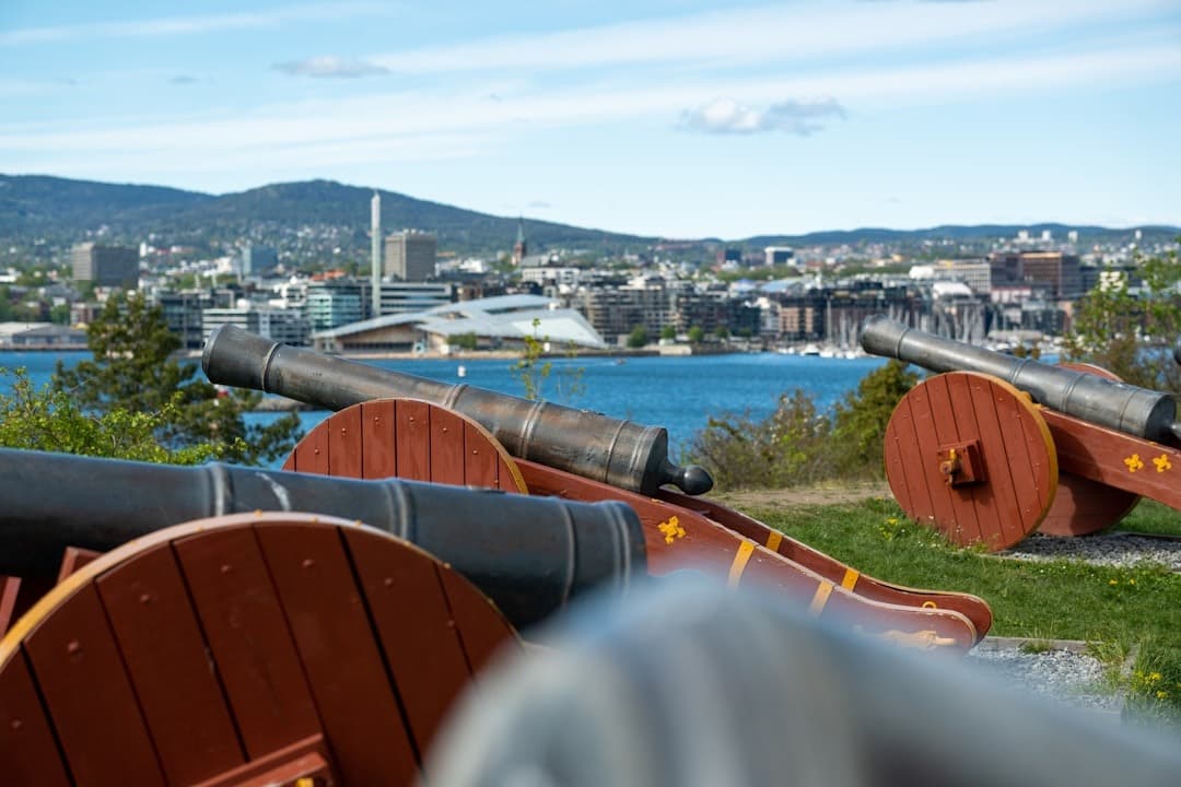 Oslo: zabytkowe armaty, panorama miasta, błękitny fiord, góry.