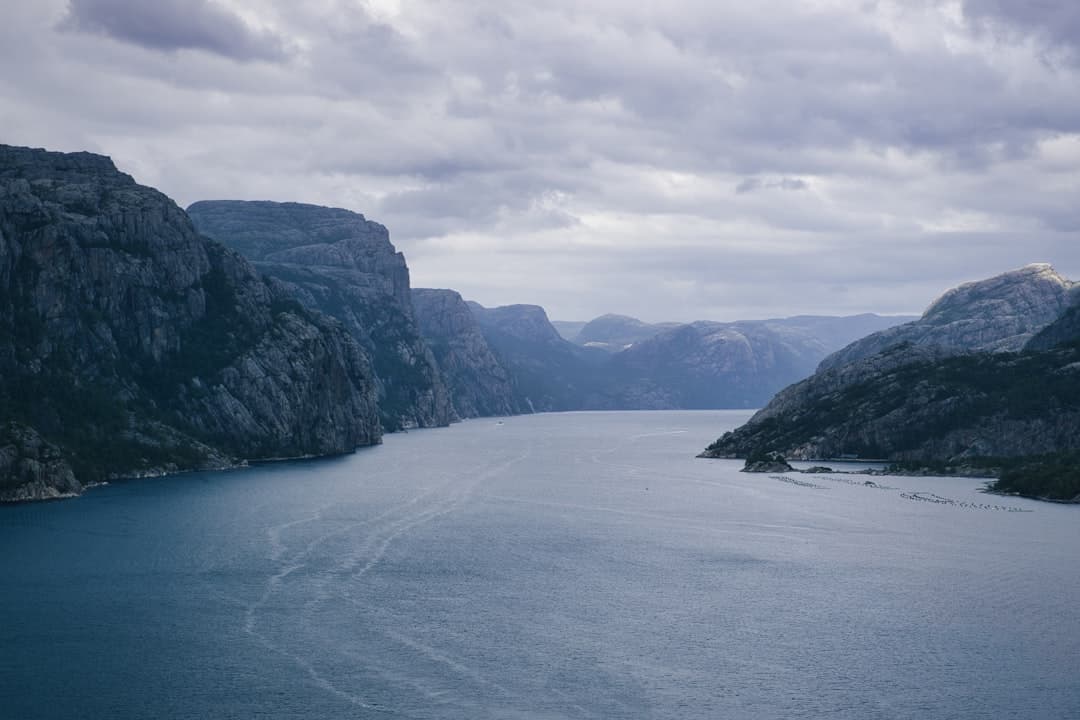 Fiord otoczony skalistymi górami pod pochmurnym niebem.
