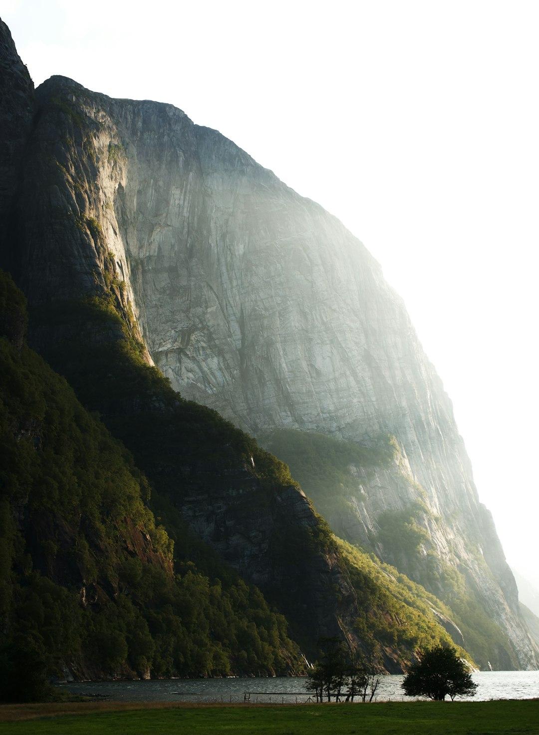 Słoneczny norweski fiord z majestatycznymi klifami, zielonymi zboczami i wodą.