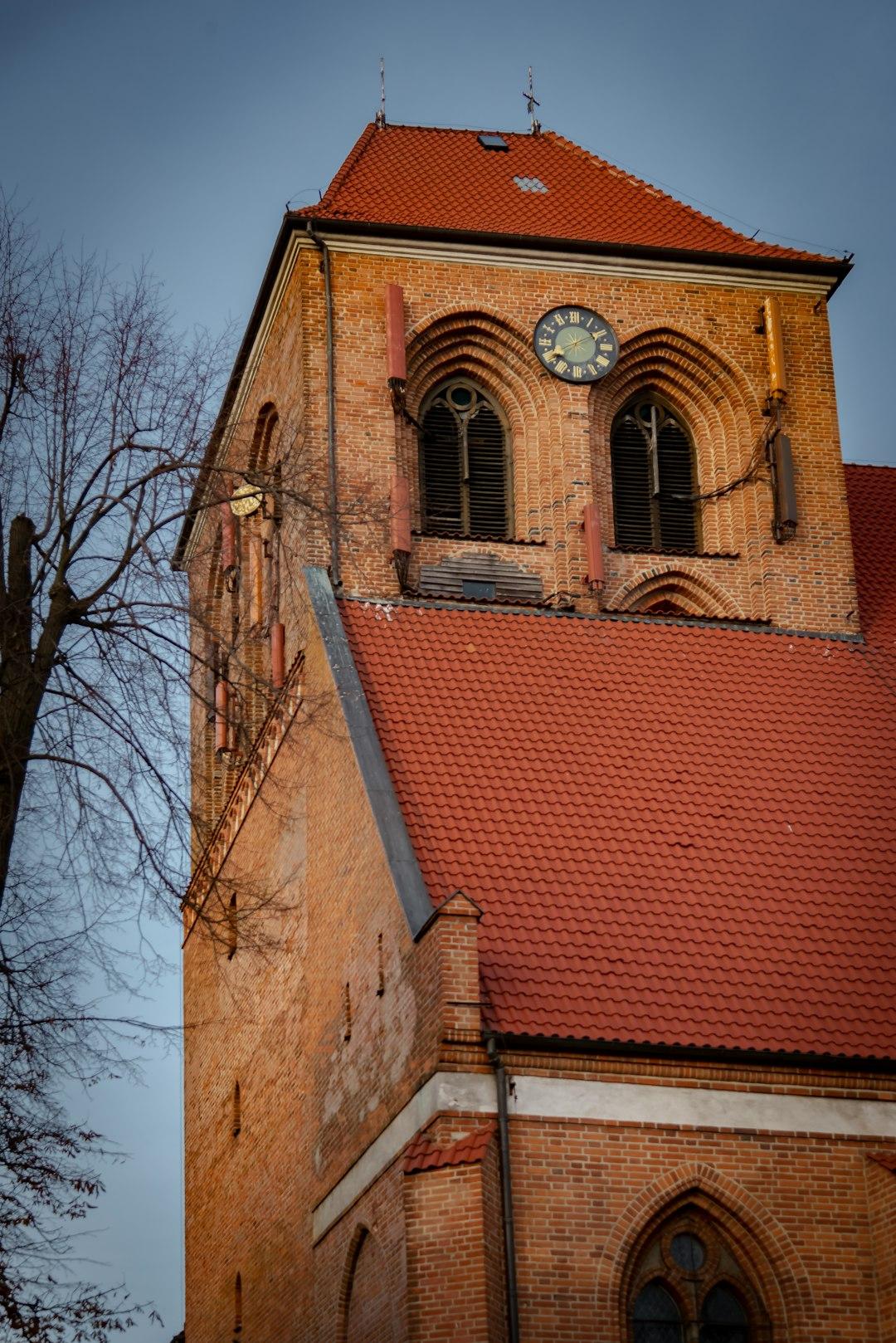 Gotycka ceglana wieża kościoła z zegarem i czerwonym dachem.