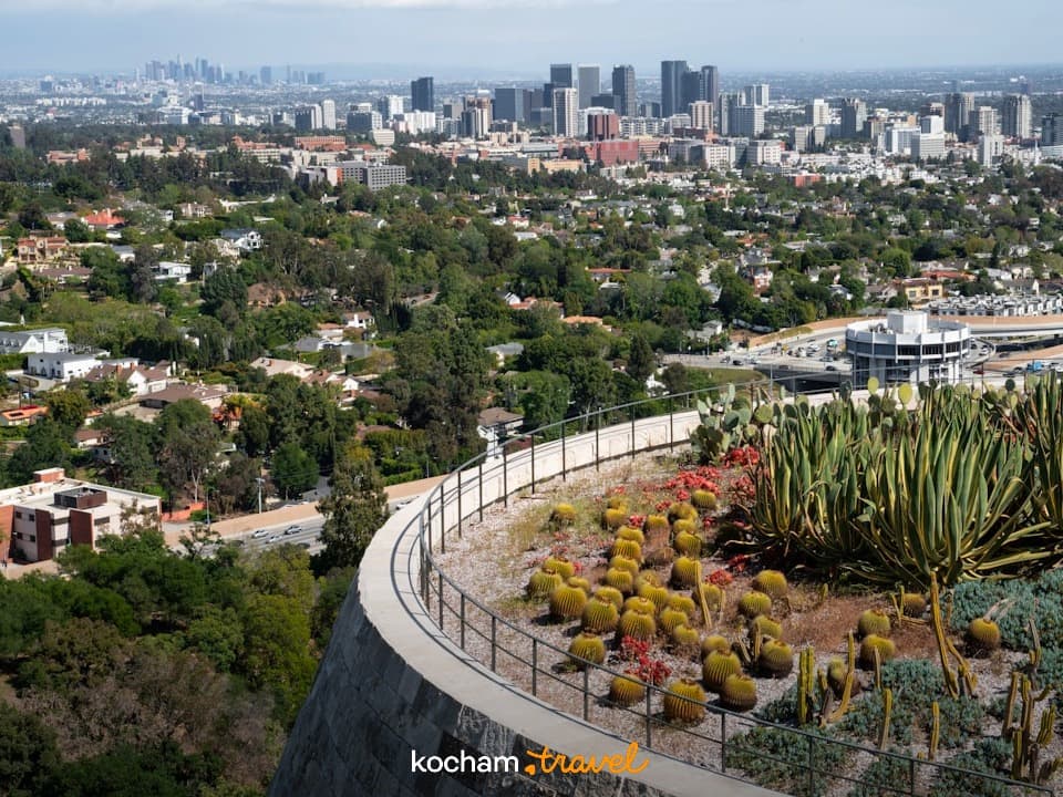 Panoramiczny widok na Los Angeles i ogród kaktusów.