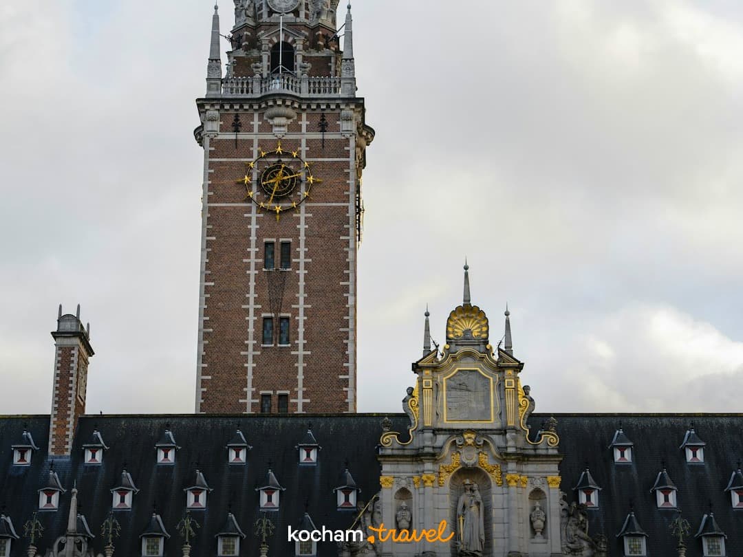 Zegarowa wieża i ozdobna fasada Uniwersytetu w Leuven, Belgia.
