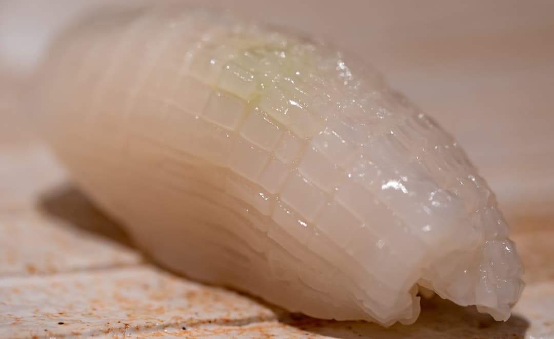 Delikatnie nacięte nigiri z kalmara, zbliżenie, przezroczysta tekstura.