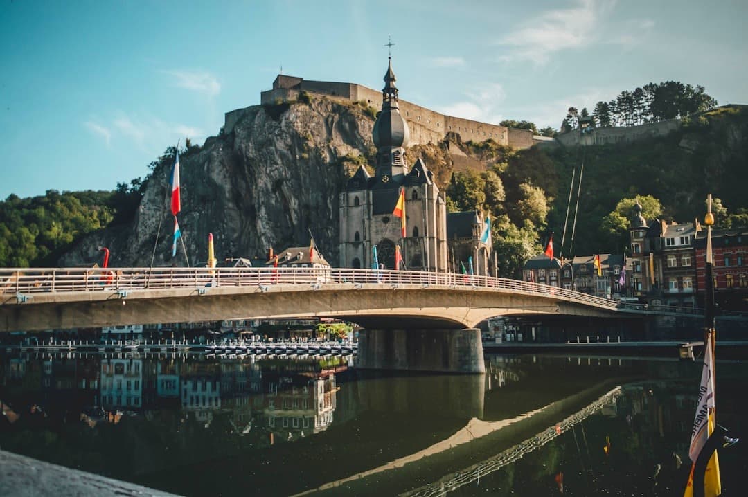 Dinant, Belgia: most nad rzeką, kościół i cytadela na skale.