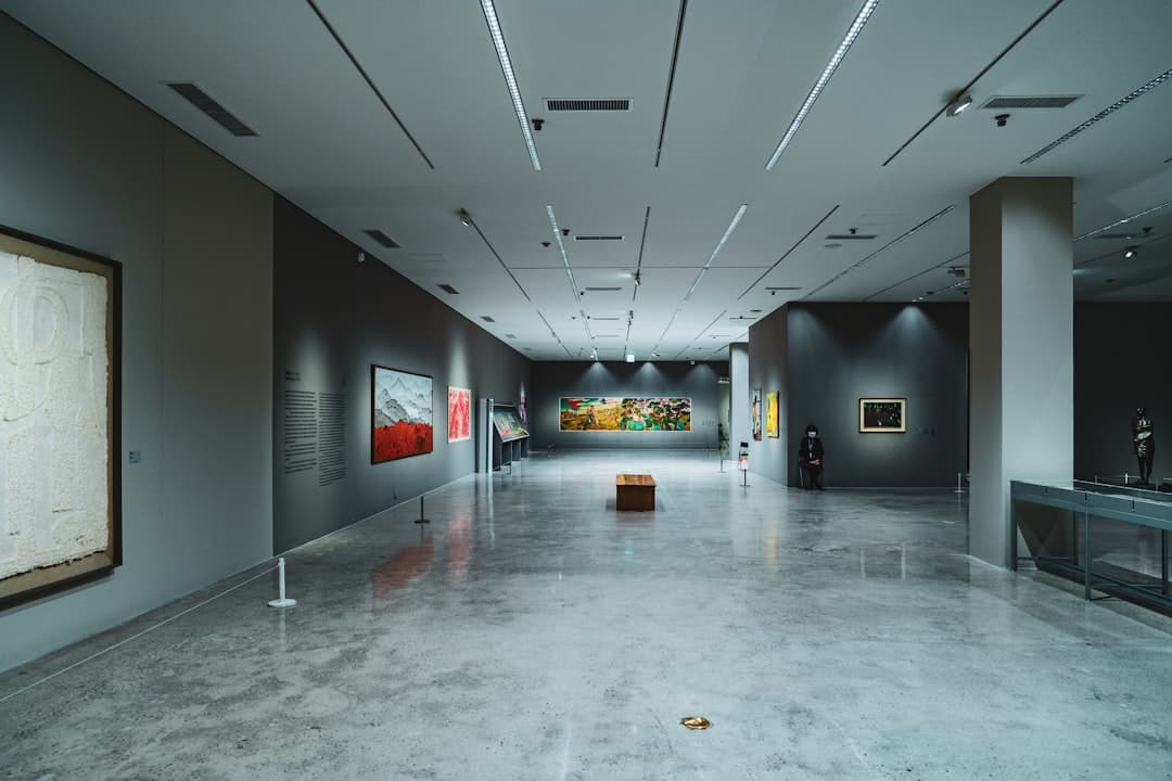 Jasna, nowoczesna galeria sztuki z wieloma obrazami na ścianach.