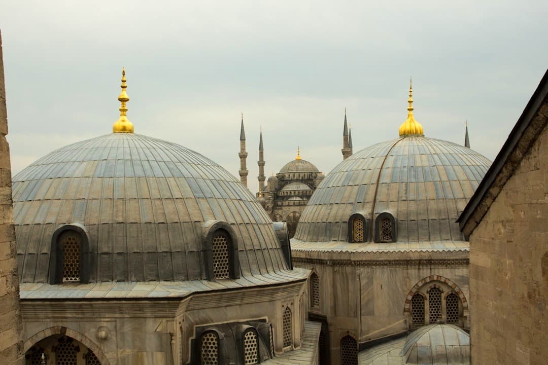 Kopuły i minarety historycznych meczetów Stambułu pod pochmurnym niebem.