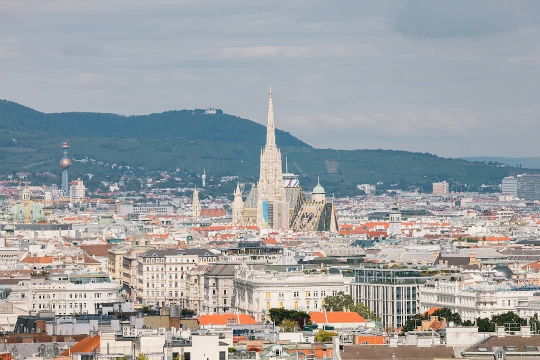 Panorama Wiednia z Katedrą św. Szczepana i górami w tle.