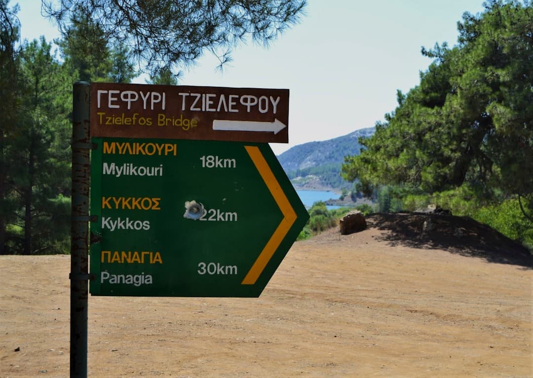 Stary znak drogowy, góry, jezioro, las sosnowy, Cypr.