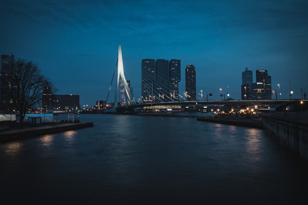 Oświetlony Most Erasmusa, rzeka i drapacze chmur Rotterdamu nocą.