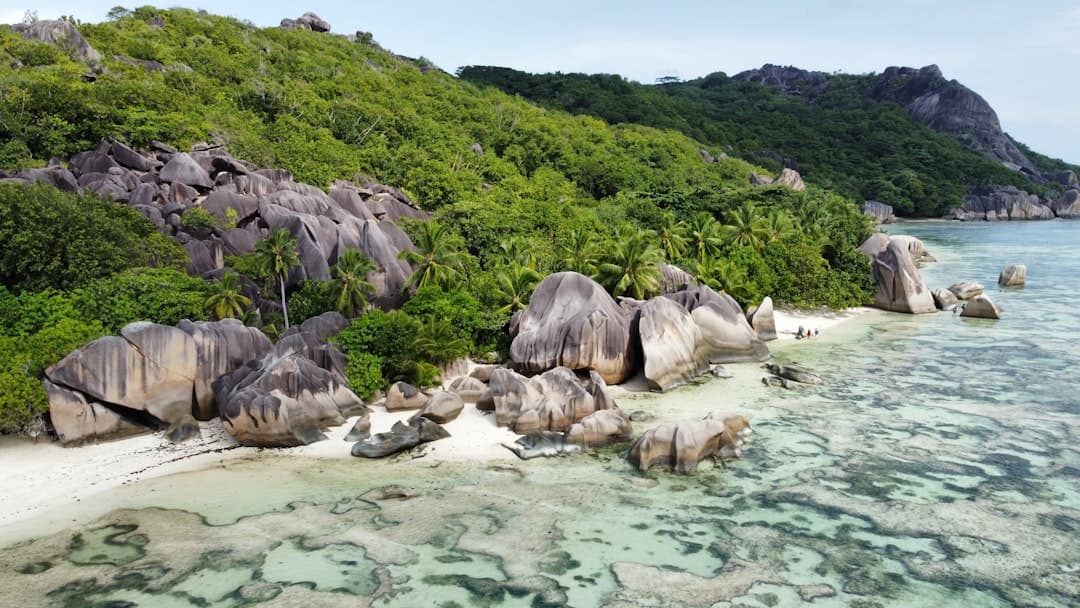 Anse Source d'Argent, granitowe skały, tropikalna plaża, turkusowy ocean.