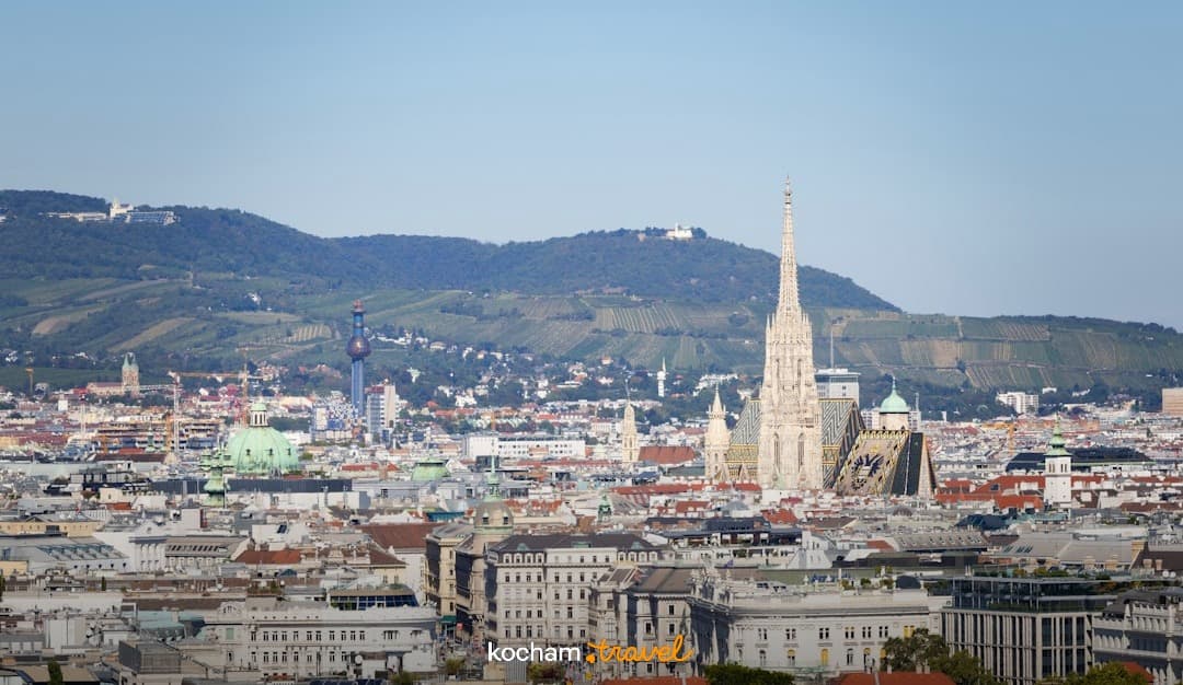 Panoramiczny widok Wiednia, Katedra św. Szczepana, winnice, wzgórza.