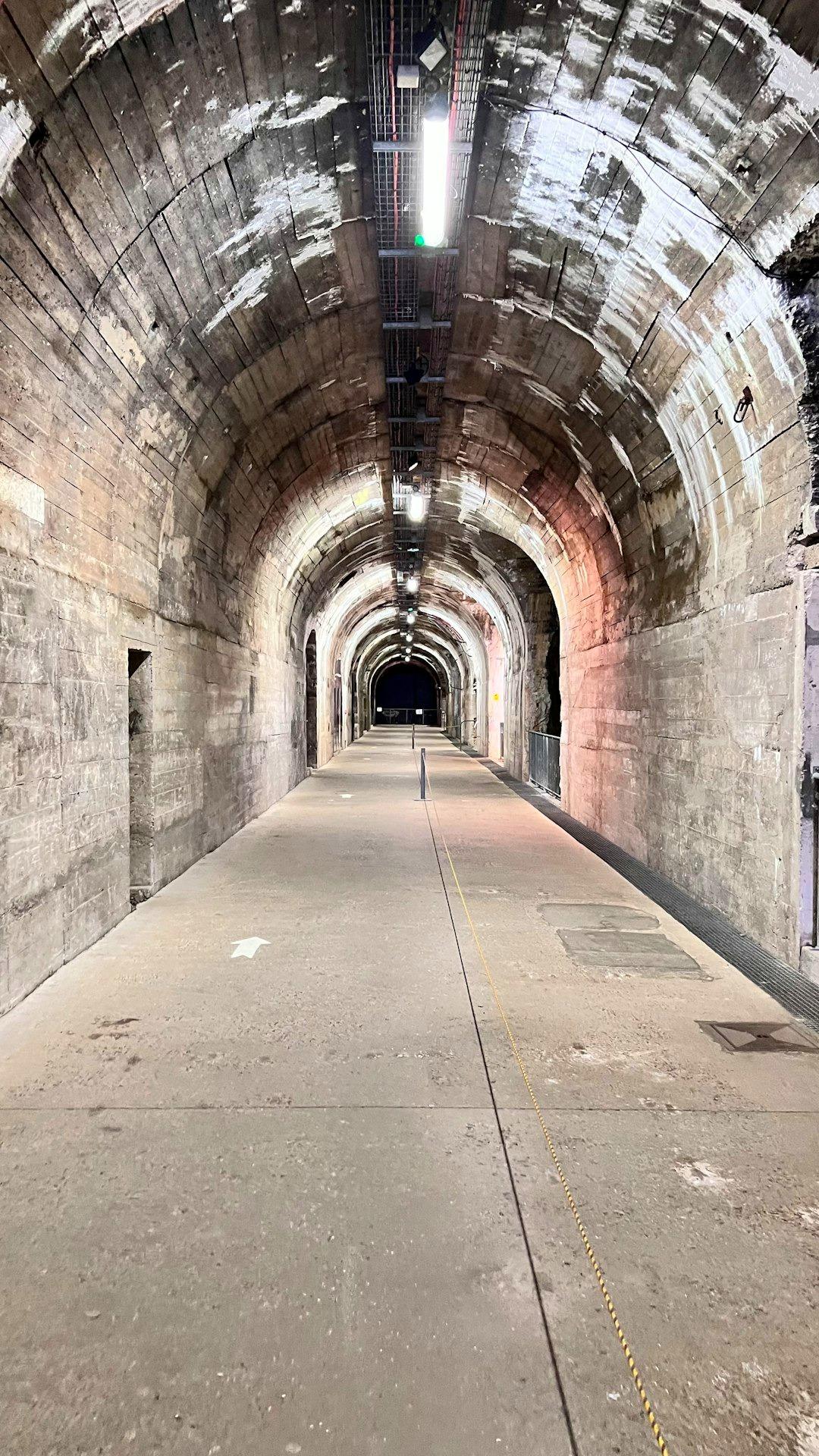 Sklepiony tunel betonowy z rzędem świateł i ścieżką.