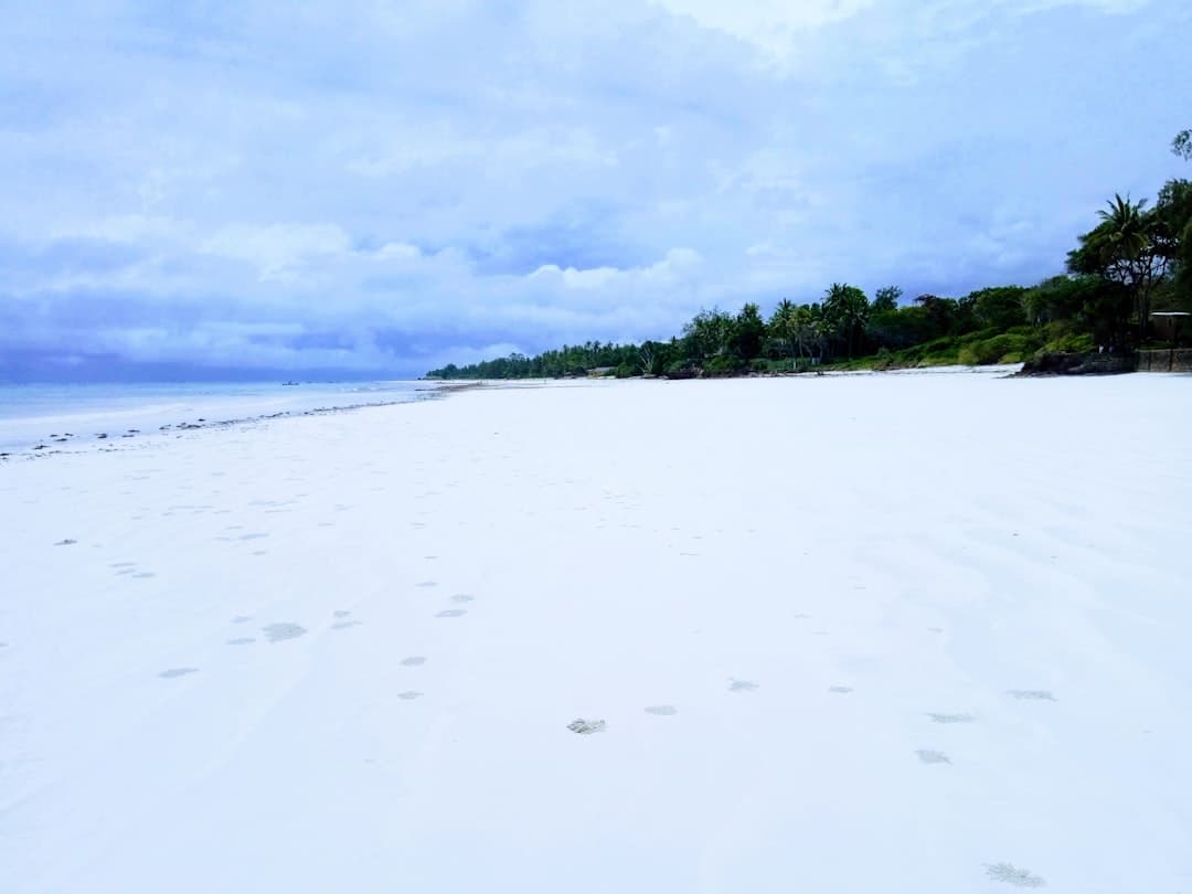 Szeroka biała plaża tropikalna z zieloną roślinnością i błękitnym morzem.