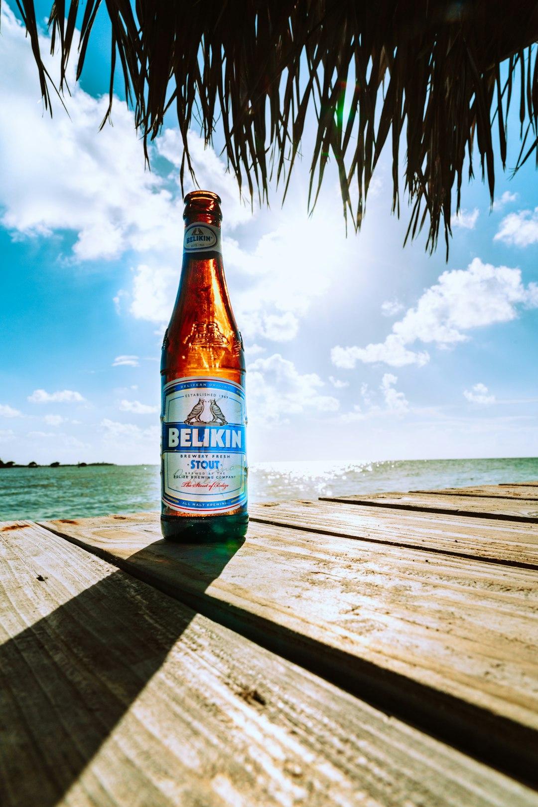Butelka piwa Belikin Stout na molo przy słonecznym oceanie.