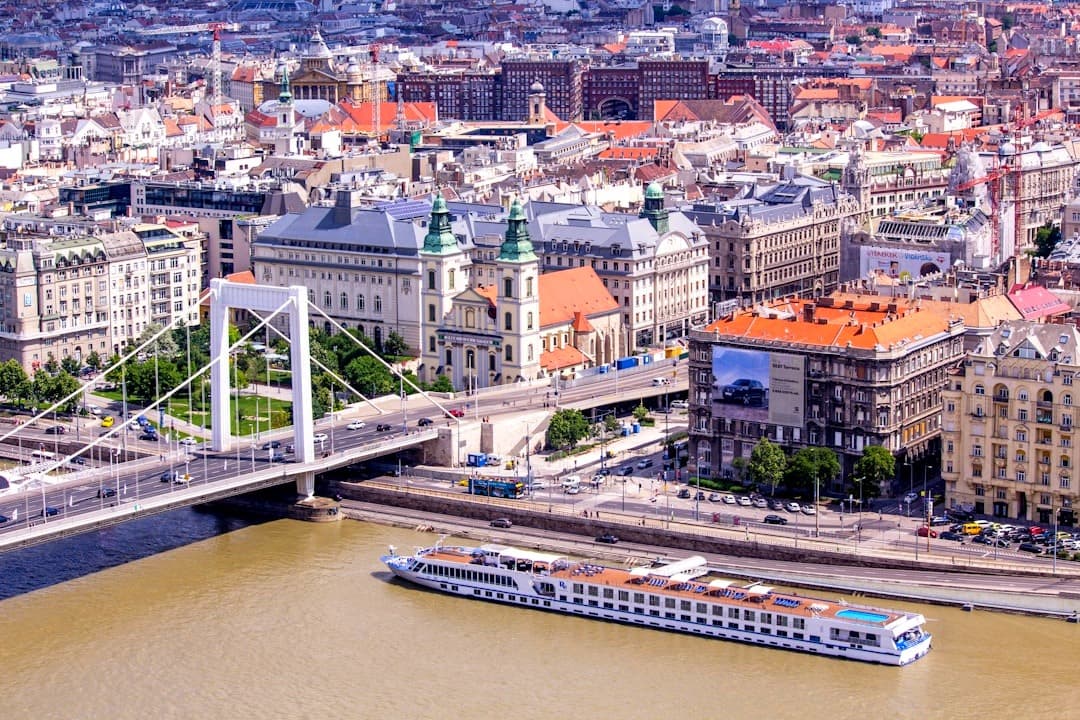 Panorama Budapesztu: Most Elżbiety, Dunaj, statek wycieczkowy, historyczne miasto.