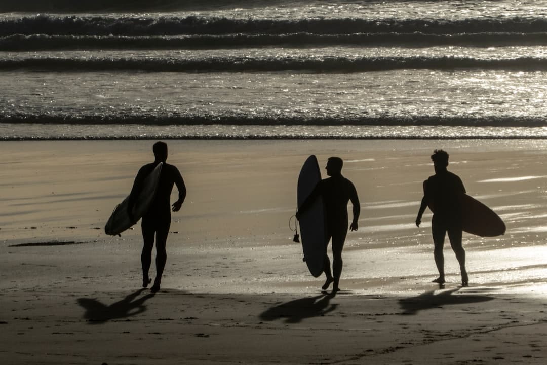 Trzech surferów z deskami idących plażą o zachodzie słońca.