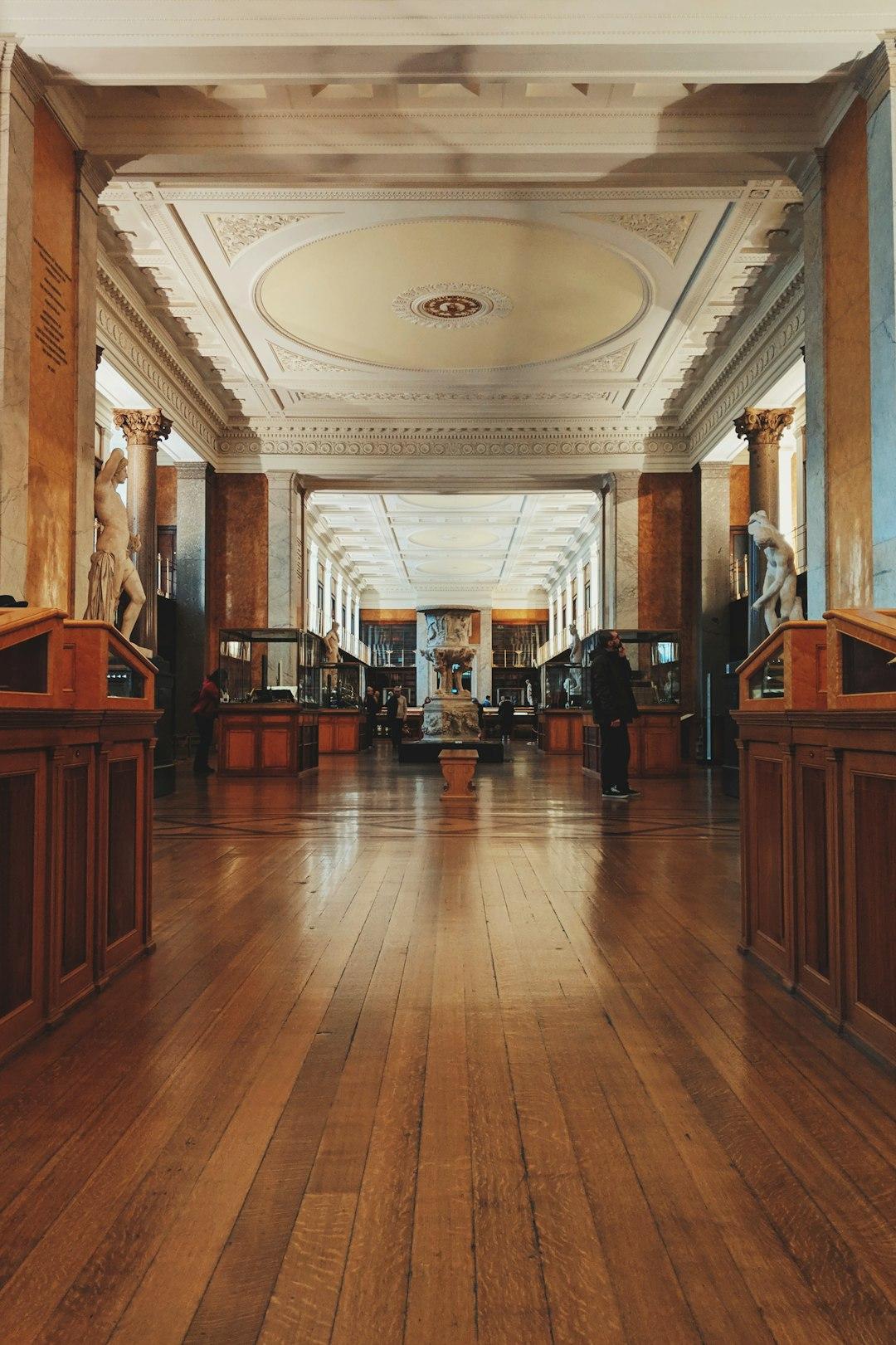 Klasyczna sala muzealna z rzeźbami, ozdobnym sufitem i drewnianą podłogą.