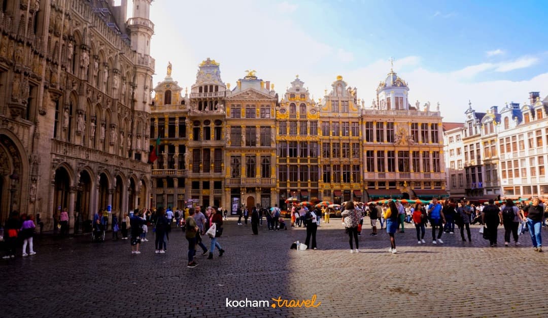 Bruksela Grand Place, złocone kamienice, ratusz, tłum ludzi, słonecznie.