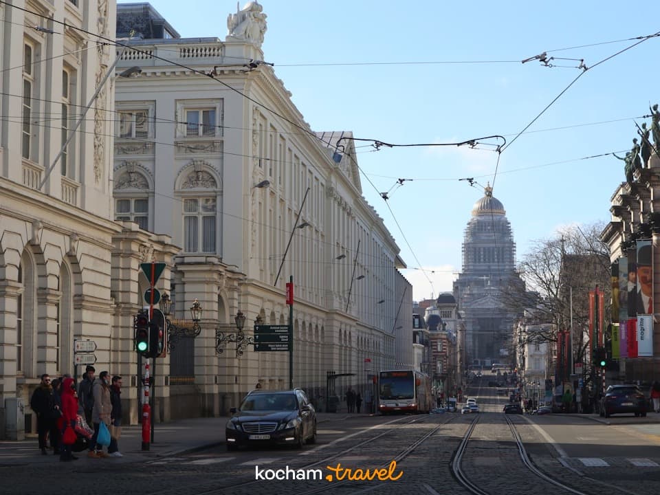 Ulica Brukseli z Pałacem Sprawiedliwości w tle, zabytkowa architektura, tory tramwajowe, dzień.