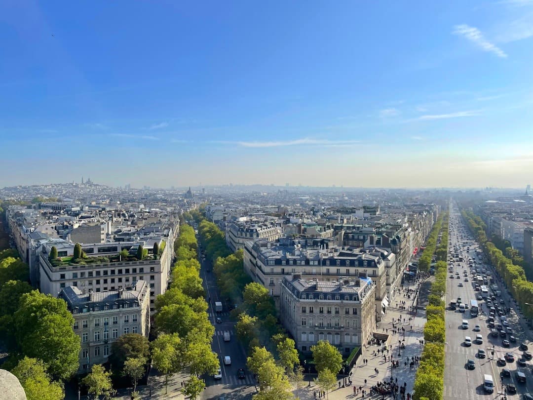 Panoramiczny widok na Paryż, ruchliwe ulice, zabytkowa architektura, zielone drzewa.