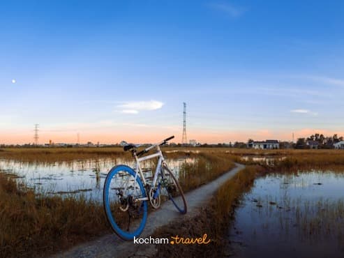 Panoramiczny widok: rower na ścieżce, zalane pola, most, zachód słońca.