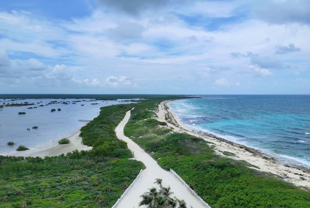 Panoramiczny widok tropikalnego wybrzeża: droga, turkusowy ocean, laguna.