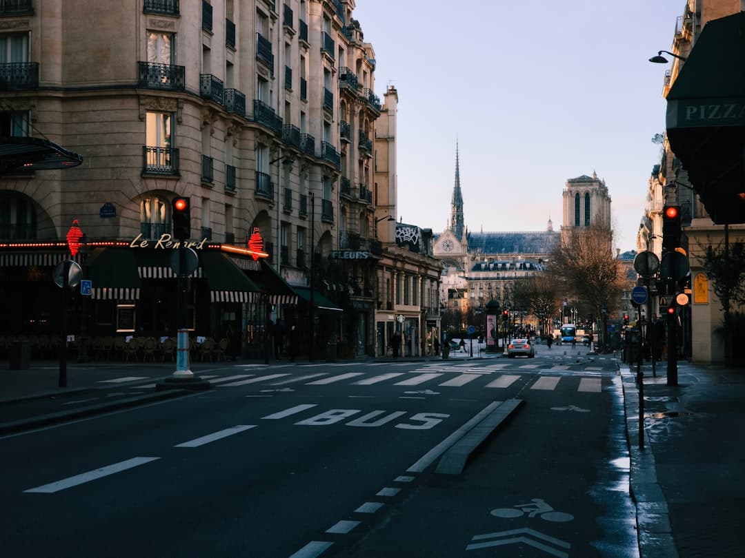 Paryska ulica z zabytkowymi budynkami i Katedrą Notre Dame w tle