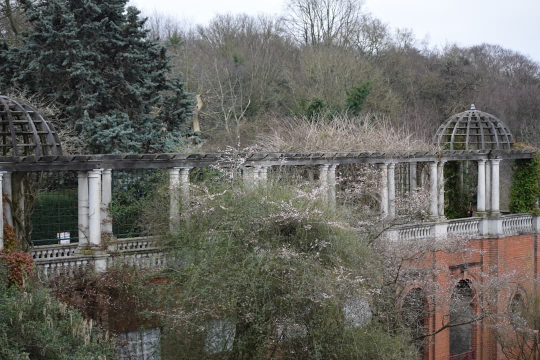 Klasyczna pergola z kolumnami na tarasie otoczona wiosenną zielenią.