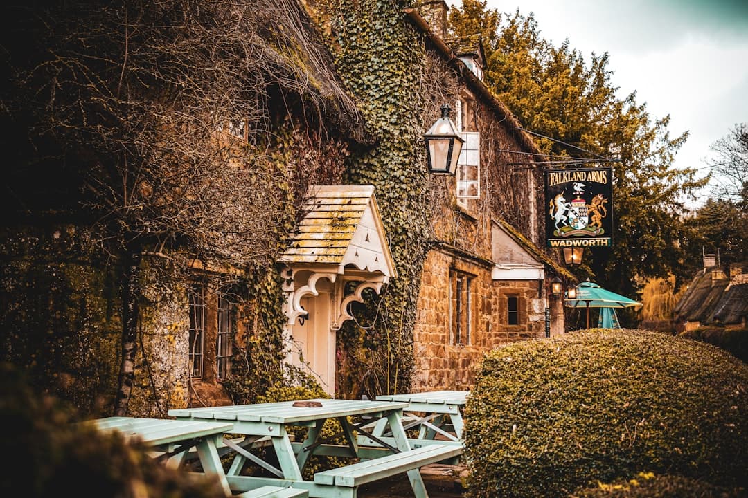 Zabytkowy pub porośnięty bluszczem z ławkami na zewnątrz.