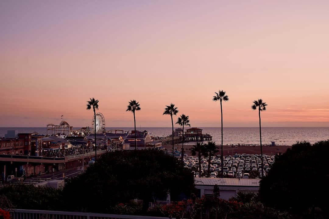 Santa Monica: molo, plaża, palmy, ocean, diabelski młyn o zmierzchu.