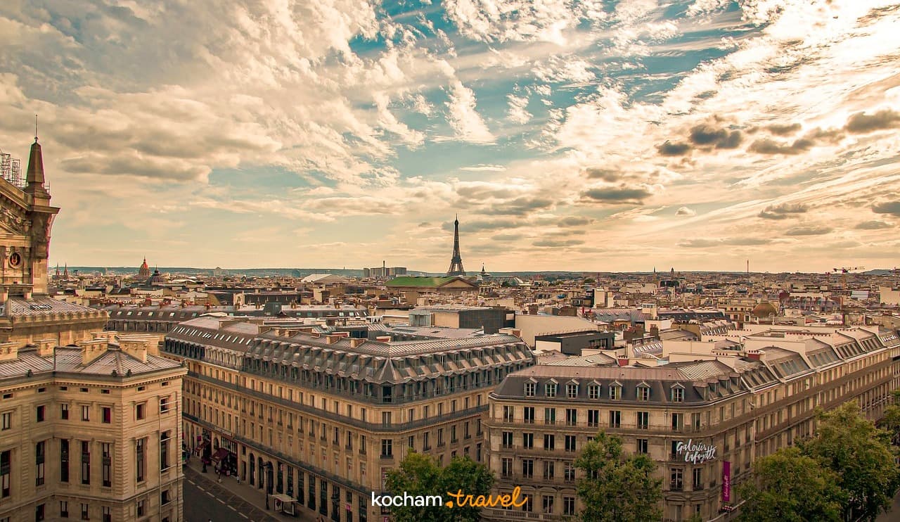 Panoramiczny widok na Paryż z Wieżą Eiffla i kamienicami.