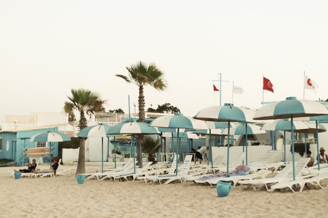 Plaża, leżaki, parasole, palmy, Turcja.