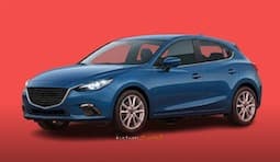 Niebieska Mazda 3 hatchback na czerwonym tle.